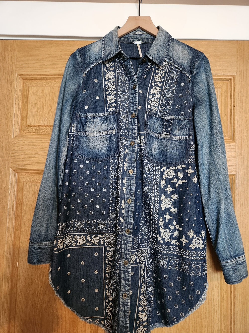 Free People Patchwork Bandana Denim Button-Up Shirt - Blue XS
